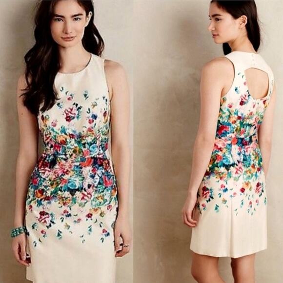 Anthropologie Maeve Floral Sleeveless Ivory Sheath Dress Size 12 - Picture 15 of 16